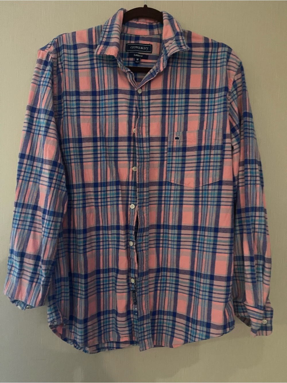 Crown & Ivy medium Pink & Blue Plaid Button-Down Shirt flannel